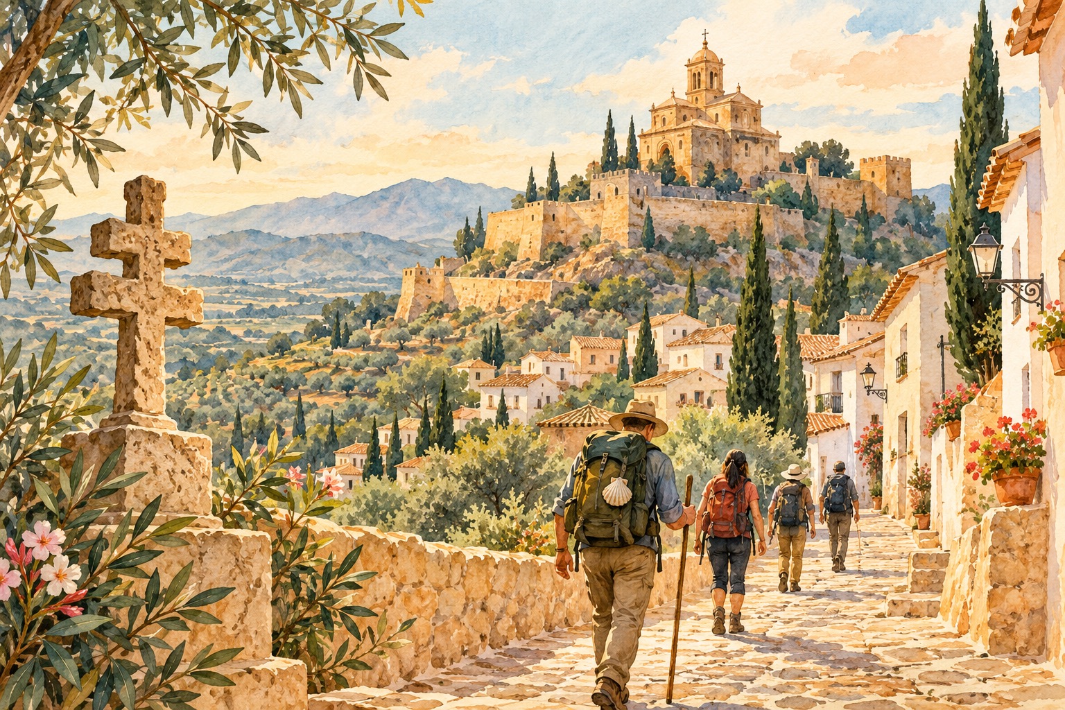 Ilustración editorial de peregrinos en una ciudad mediterránea con santuario en lo alto