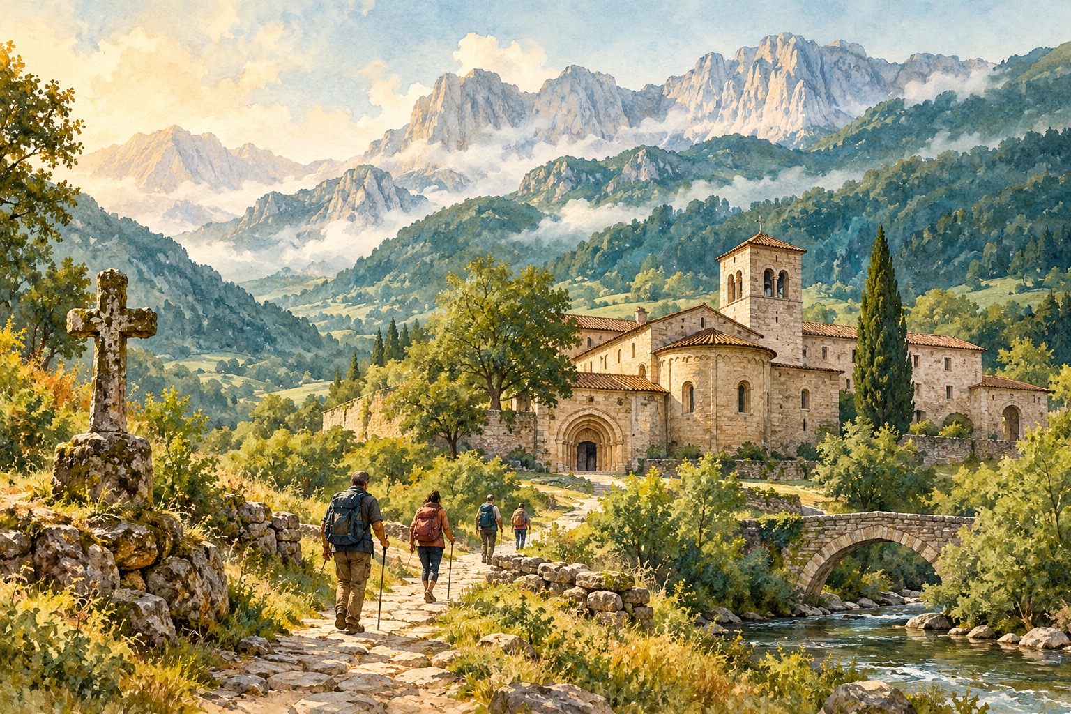 Ilustración editorial de peregrinos junto a un monasterio en un valle montañoso